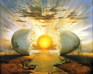 equinozio di primavera surrealismo uovo cosmico sunrise-by-the-ocean